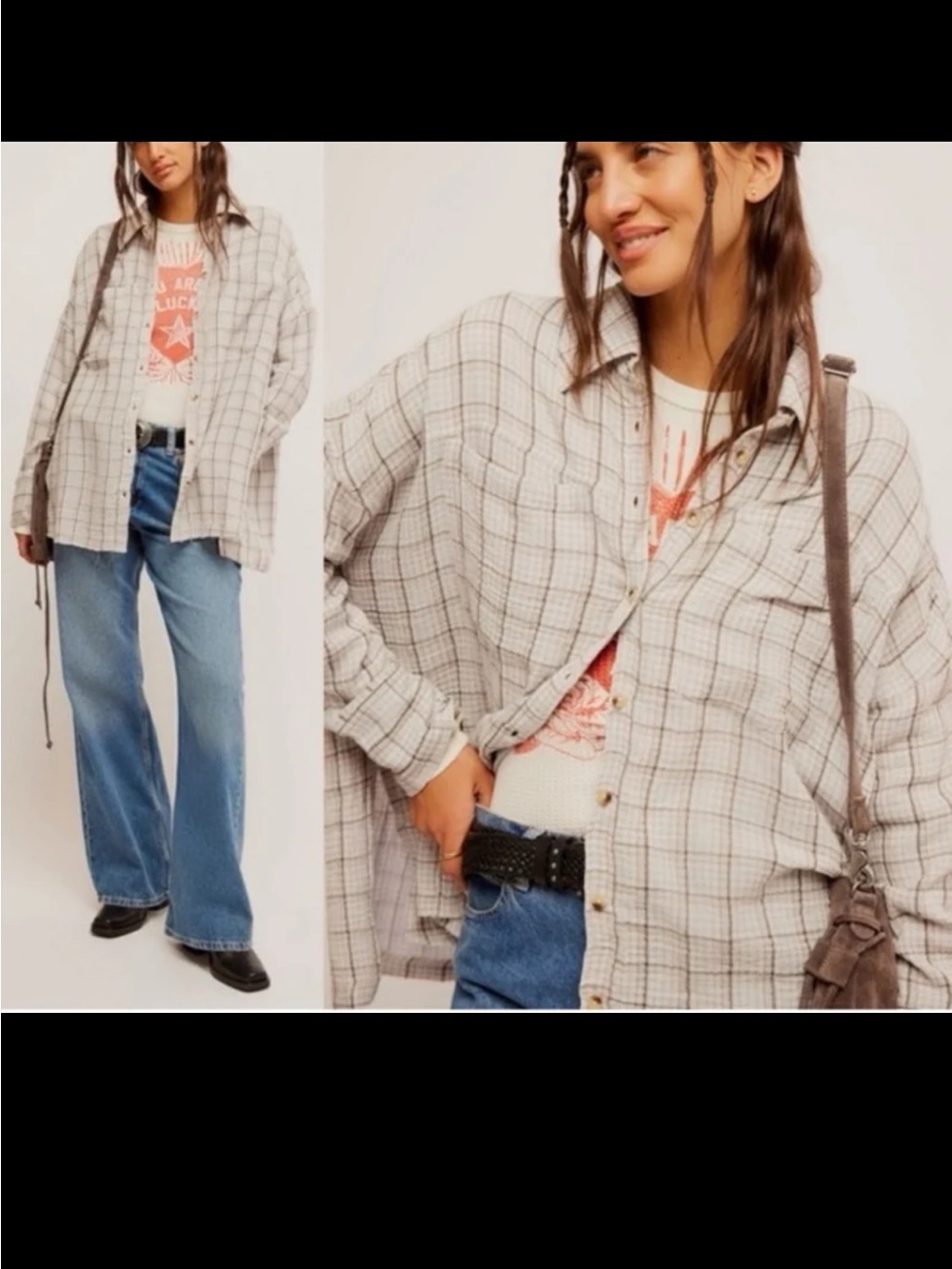 Free People We The Free Cardiff Plaid Top Oversized size Small - Picture 5 of 12
